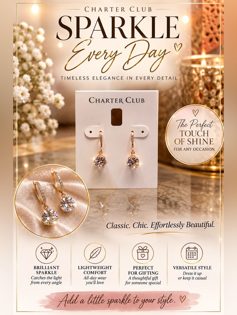 Charter Club Gold Drop Earrings with Clear Crystal Solitaire